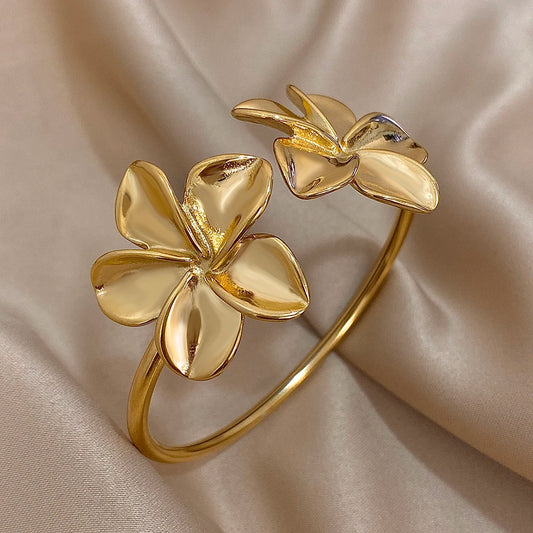 Stainless Steel Double Flower Cuff Bracelet Bangle - TopTrendingCart.com