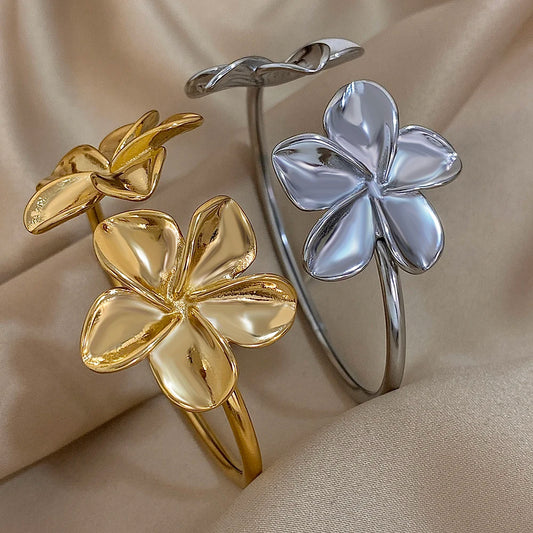 Stainless Steel Double Flower Cuff Bracelet Bangle - TopTrendingCart.com