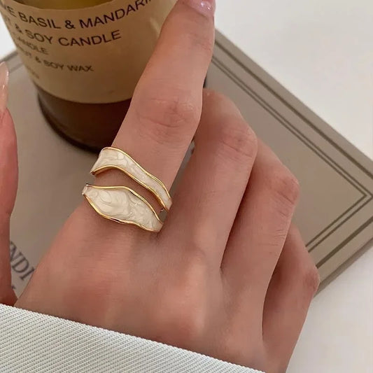 Vintage White Enamel Metal Irregular Geometric Adjustable Ring - TopTrendingCart.com